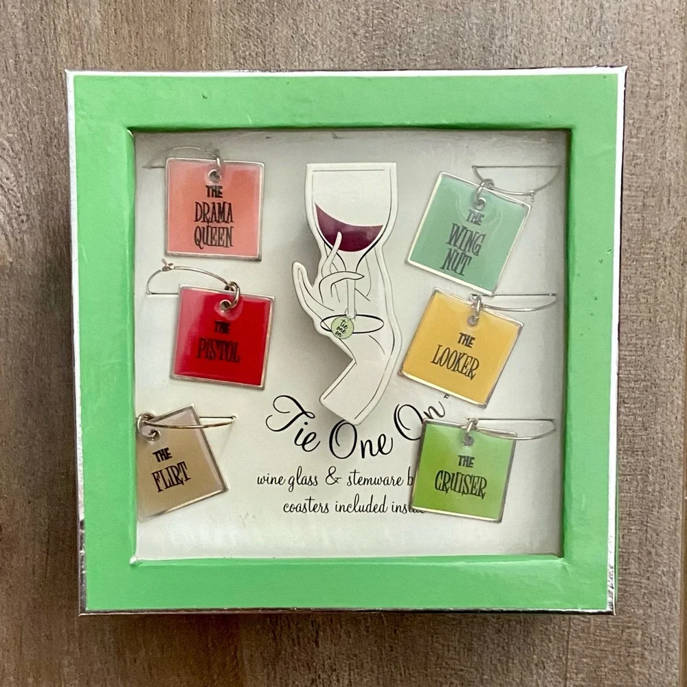 Tie One On Set of 6 Wine Glass Charms with Matching Coasters